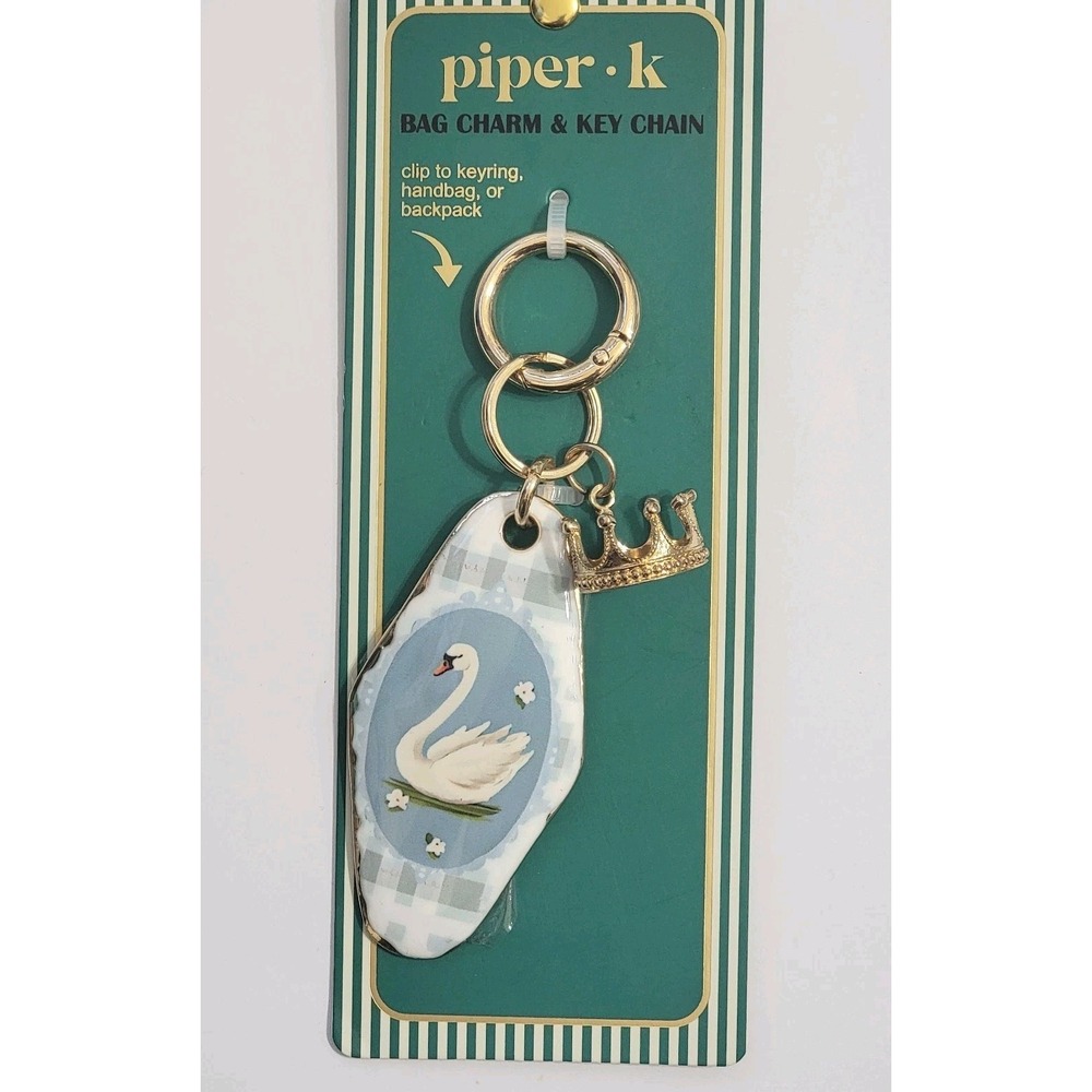 Piper K White Swan Gold Crown Bag Charm Key Chain Wedgewood Blue Balletcore